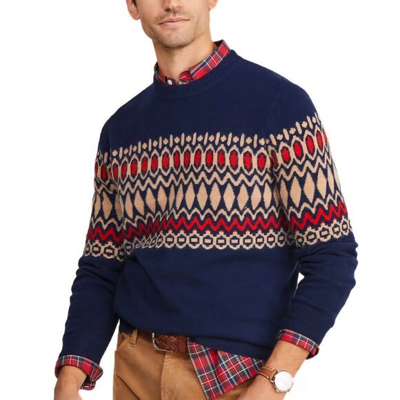 Vineyard Vines men's navy fair isle merino wool crew sweater Medium - Picture 1 of 8